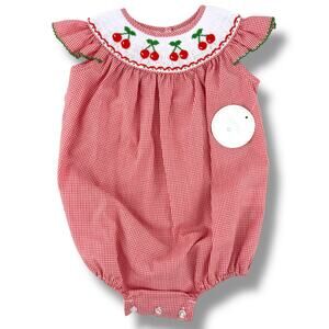 Edgehill Collection Cherry Smocked Bishop Bubble Romper Baby Girl Sz 18 Mos